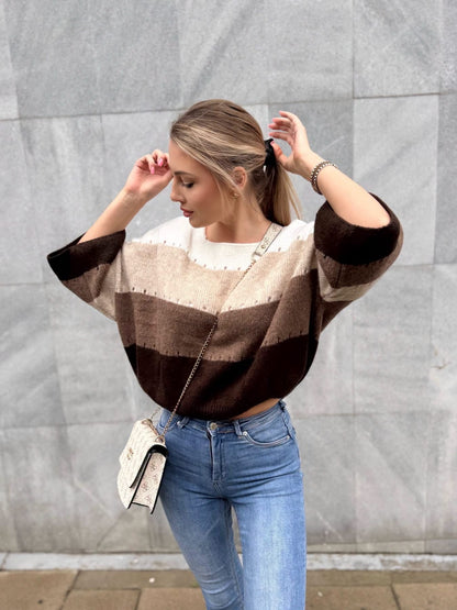 BY ME Sweter SOFT pasy – beż-czekolada