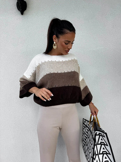 BY ME Sweter SOFT pasy – beż-czekolada