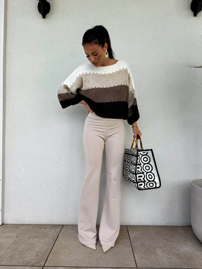 BY ME Sweter SOFT pasy – beż-czekolada