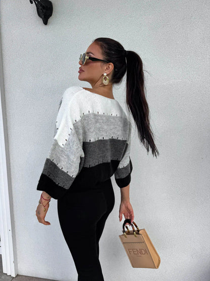 BY ME Sweter SOFT pasy – szaro - czarny