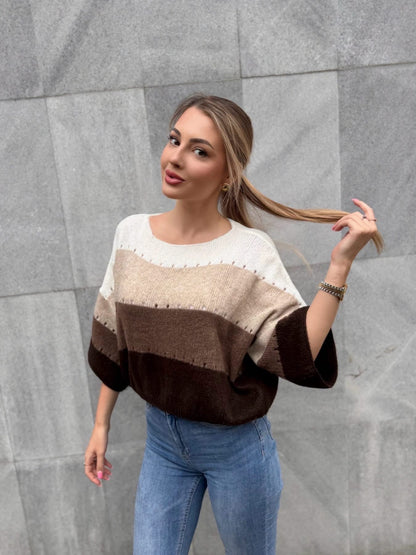 BY ME Sweter SOFT pasy – beż-czekolada