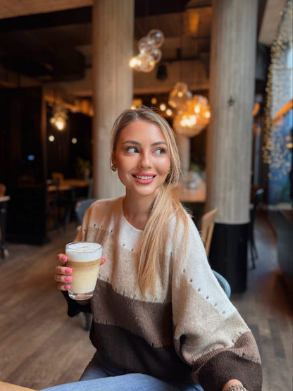 BY ME Sweter SOFT pasy – beż-czekolada