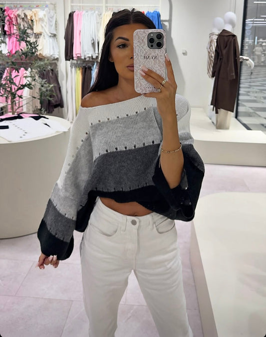 BY ME Sweter SOFT pasy – szaro - czarny