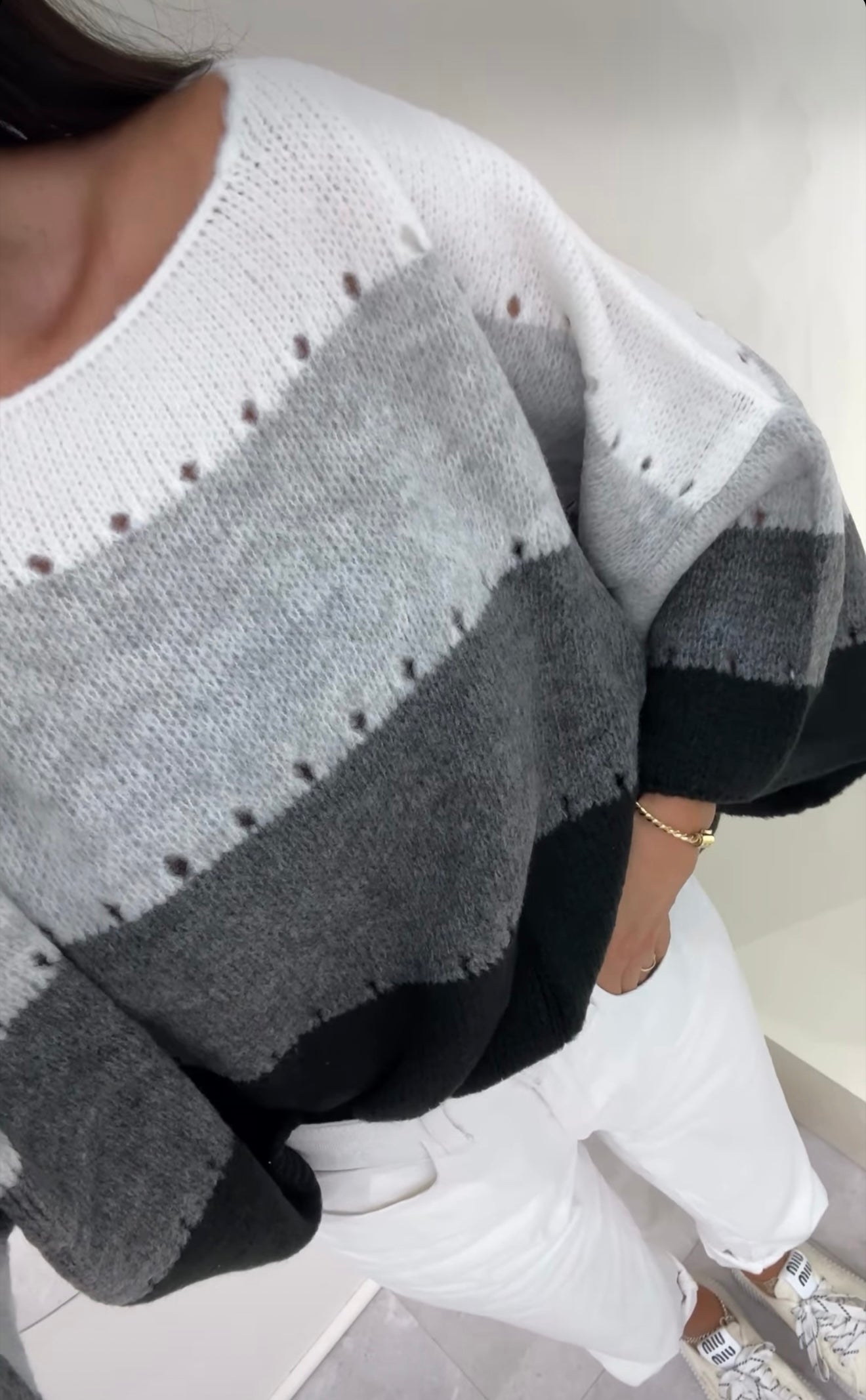 BY ME Sweter SOFT pasy – szaro - czarny